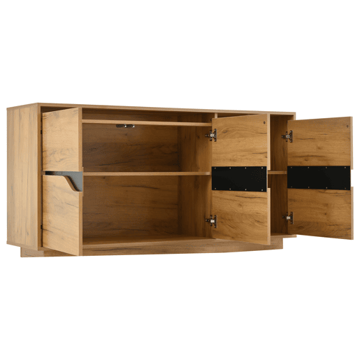 Cômoda 140x40x70 cm - Com 3 portas, divisórias ajustáveis, design sem puxadores, cor madeira + preto
