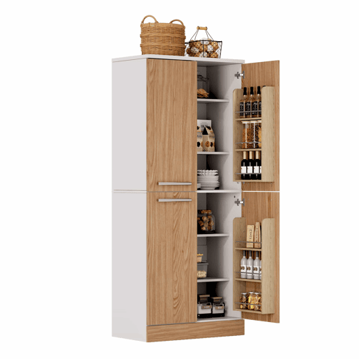 Armário de despensa de cozinha 76 x 42 x 180 cm - 4 portas, estilo frigorífico, prateleiras ajustáveis, grande capacidade, com puxadores metálicos e sistema anti-tombamento - branco e natural