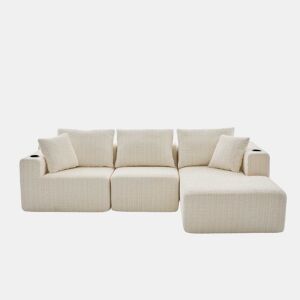 Sofá de 3 lugares 261×165 cm - Espuma viscoelástica, sem pés, chaise longue em L, com porta-copos e bolsa - Bege