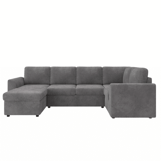 Sofá de canto em L 282 x 153 x 85 cm - sofá moderno em veludo cotelê com braços, 6 lugares, banqueta multifuncional móvel, montagem fácil, espuma de alta densidade - cinzento