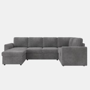 Sofá de canto em L 282 x 153 x 85 cm - sofá moderno em veludo cotelê com braços, 6 lugares, banqueta multifuncional móvel, montagem fácil, espuma de alta densidade - cinzento