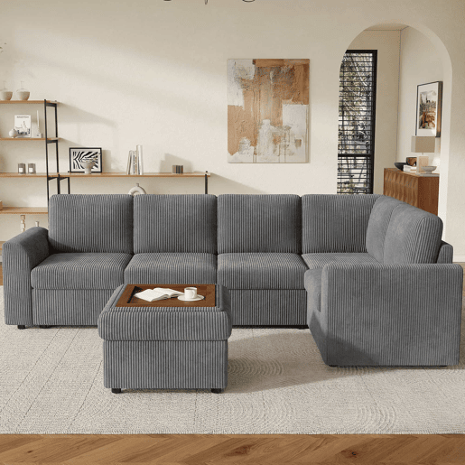 Sofá de canto em L 282 x 153 x 85 cm - sofá moderno em veludo cotelê com braços, 6 lugares, banqueta multifuncional móvel, montagem fácil, espuma de alta densidade - cinzento