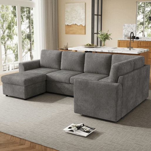 Sofá de canto em L 282 x 153 x 85 cm - sofá moderno em veludo cotelê com braços, 6 lugares, banqueta multifuncional móvel, montagem fácil, espuma de alta densidade - cinzento