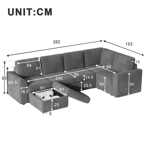 Sofá de canto em L 282 x 153 x 85 cm - sofá moderno em veludo cotelê com braços, 6 lugares, banqueta multifuncional móvel, montagem fácil, espuma de alta densidade - cinzento