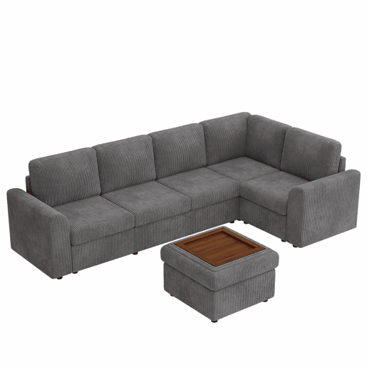 Sofá de canto em L 282 x 153 x 85 cm - sofá moderno em veludo cotelê com braços, 6 lugares, banqueta multifuncional móvel, montagem fácil, espuma de alta densidade - cinzento