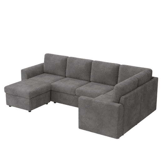 Sofá de canto em L 282 x 153 x 85 cm - sofá moderno em veludo cotelê com braços, 6 lugares, banqueta multifuncional móvel, montagem fácil, espuma de alta densidade - cinzento