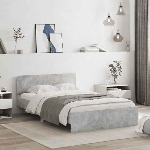 Estrutura de cama de casal cabeceira e luzes LED - 120x190cm cinzento cimento