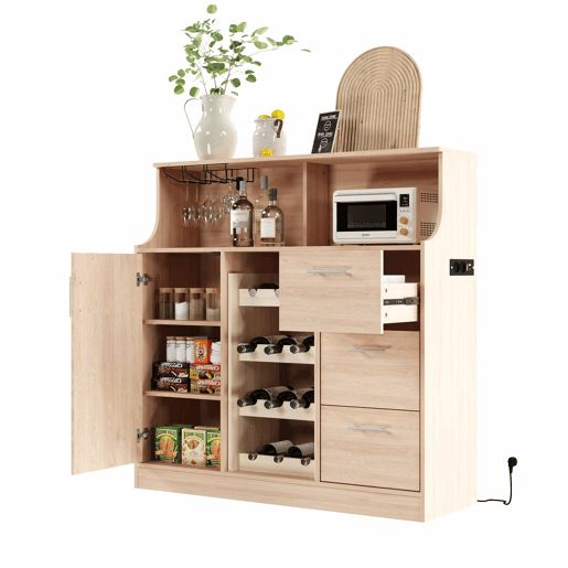 Aparador de bar sem dimensões específicas u2013 com iluminação LED, tomadas integradas, suporte para copos, garrafeira e arrumação em várias camadas para restaurantes e cozinhas u2013 Natural e Branco