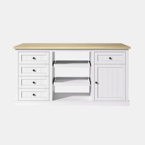 Aparador 150×65×75 cm - 5 gavetas, 2 prateleiras, extensão e tomadas - Natural e Branco