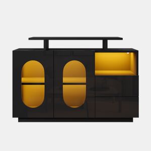 Aparador LED preto - Portas de vidro ovais, frente brilhante, com arrumação - Preto