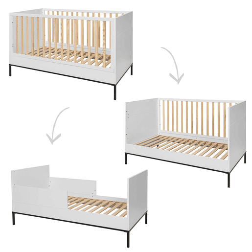 Berço evolutivo 70x140 e cómoda 3 gavetas Bellamy Lumi Branco e preto