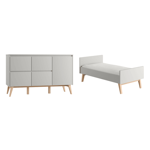 Berço evolutivo 70x140 e cómoda 4 gavetas 1 porta Pinio Swing Cinzento e madeira