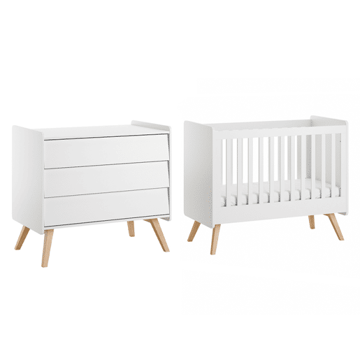 Cama de grades Vox Vintage Branco e Madeira 60x120 e arca com 3 gavetas