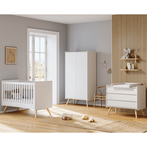 Cama de grades Vox Vintage Branco e Madeira 60x120 e arca com 3 gavetas