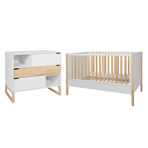Berço evolutivo 70x140 e cómoda 3 gavetas Bellamy Juliette Branco e Madeira