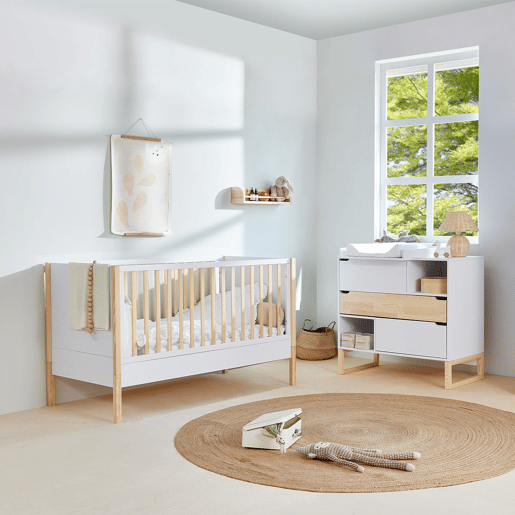 Berço evolutivo 70x140 e cómoda 3 gavetas Bellamy Juliette Branco e Madeira