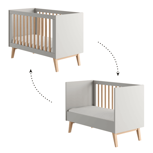Berço evolutivo 60x120 e cómoda 3 gavetas Pinio Swing Cinzento e madeira