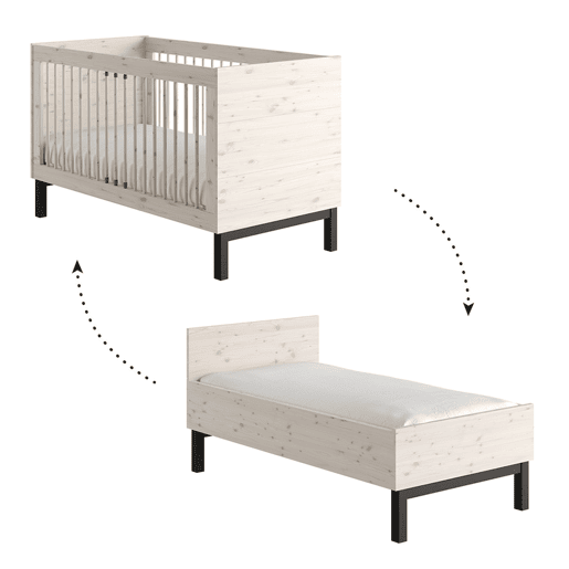 Berço evolutivo 70x140 e cómoda 3 gavetas Pinio Country Madeira branqueada