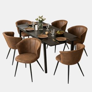 Mesa Jantar Preta com 6 Cadeiras Coquille Suede Castanho Estilo Moderno Pernas Metálicas
