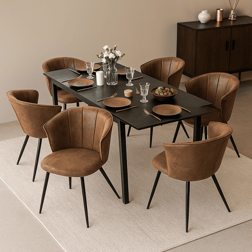 Mesa Jantar Preta com 6 Cadeiras Coquille Suede Castanho Estilo Moderno Pernas Metálicas