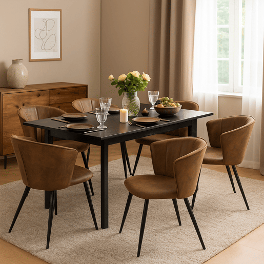 Mesa Jantar Preta com 6 Cadeiras Coquille Suede Castanho Estilo Moderno Pernas Metálicas