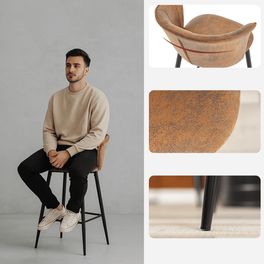 Mesa Jantar Preta com 6 Cadeiras Coquille Suede Castanho Estilo Moderno Pernas Metálicas