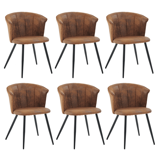Mesa Jantar Preta com 6 Cadeiras Coquille Suede Castanho Estilo Moderno Pernas Metálicas