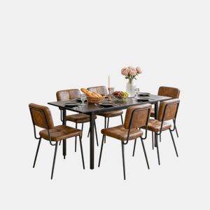 Mesa Jantar Extensível Preta 120-160 cm com 6 Cadeiras Coquille Estofadas Suede Castanho Assento Acolchoado Pernas Metálicas Estilo Industrial Moderno