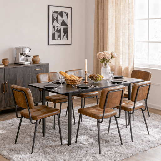 Mesa Jantar Extensível Preta 120-160 cm com 6 Cadeiras Coquille Estofadas Suede Castanho Assento Acolchoado Pernas Metálicas Estilo Industrial Moderno