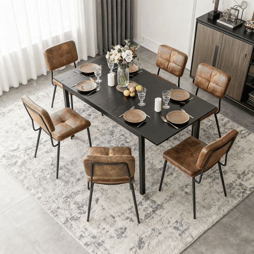Mesa Jantar Extensível Preta 120-160 cm com 6 Cadeiras Coquille Estofadas Suede Castanho Assento Acolchoado Pernas Metálicas Estilo Industrial Moderno