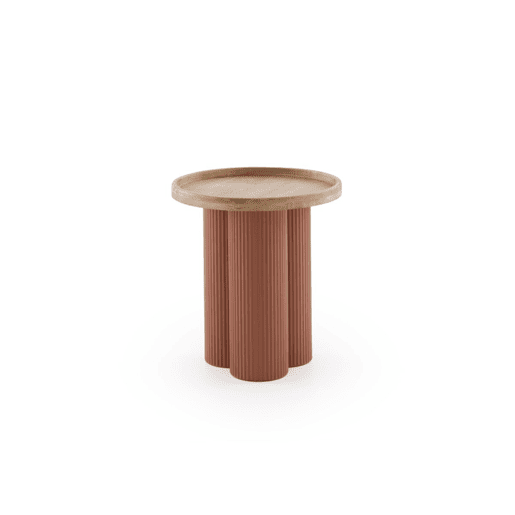 Mesa de centro em metal cor terracota e madeira de hevea
