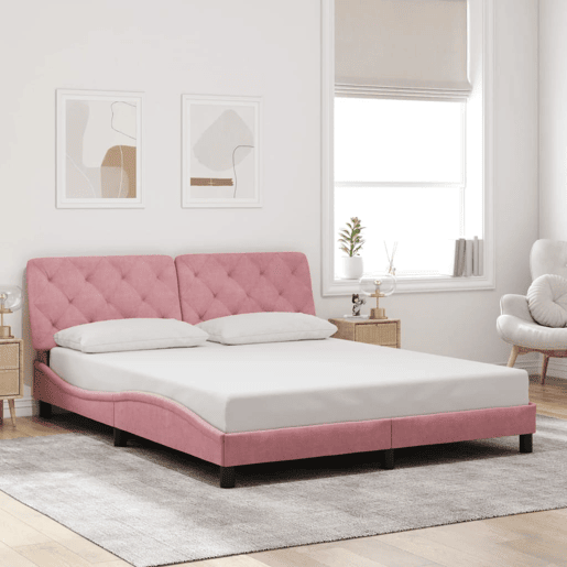 Estrutura de Cama de casal moderno com LED sem colchão 160x200 cm veludo rosa