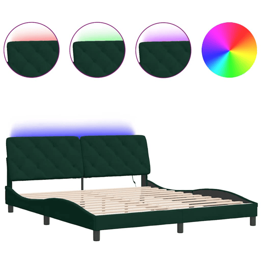 Estrutura de Cama de casal moderno com LED sem colchão 180x200 cm veludo verde-escuro