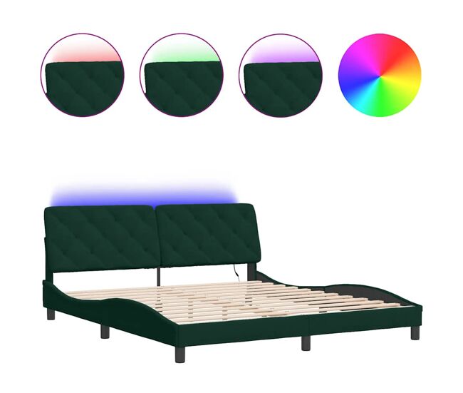 Estructura de cama doble matrimonial con led - terciopelo verde oscuro 180x200cm