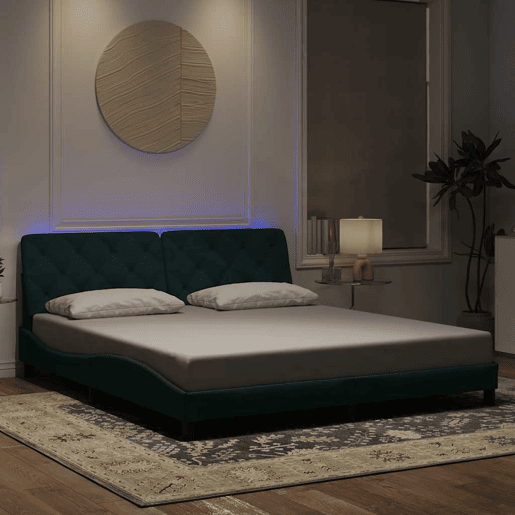 Estrutura de Cama de casal moderno com LED sem colchão 180x200 cm veludo verde-escuro