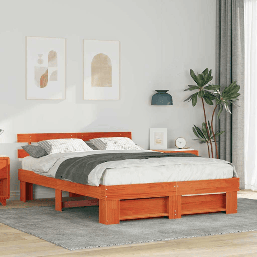 Estrutura de cama de casal simple com cabeceira - Marrom Cera 160 x 200 cm