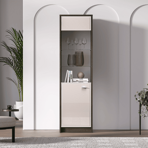Vitrina de 1 porta Kaius em caxemira e madeira escura