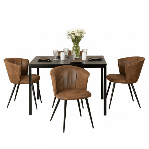 Mesa Jantar Preta com 4 Cadeiras Coquille Suede Castanho Estilo Moderno Pernas Metálicas