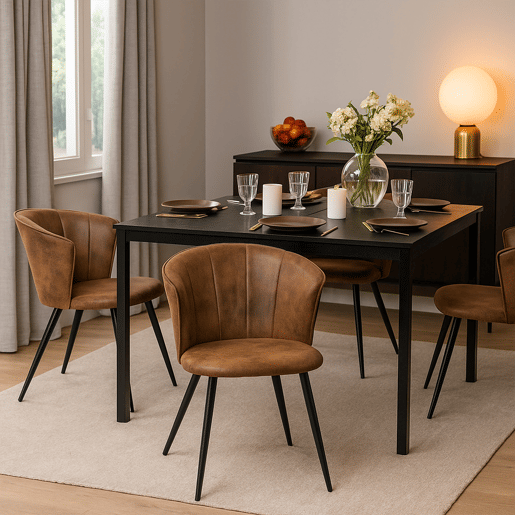 Mesa Jantar Preta com 4 Cadeiras Coquille Suede Castanho Estilo Moderno Pernas Metálicas