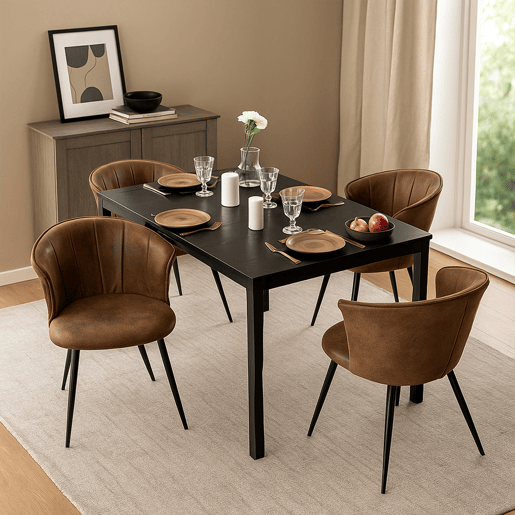 Mesa Jantar Preta com 4 Cadeiras Coquille Suede Castanho Estilo Moderno Pernas Metálicas