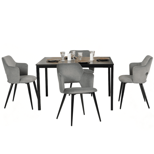 Mesa Jantar Extensível Preta com 4 Cadeiras Cinza Estofadas Estrutura Metálica Conjunto 5 Peças Design Moderno