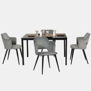 Mesa Jantar Extensível Preta com 4 Cadeiras Cinza Estofadas Estrutura Metálica Conjunto 5 Peças Design Moderno