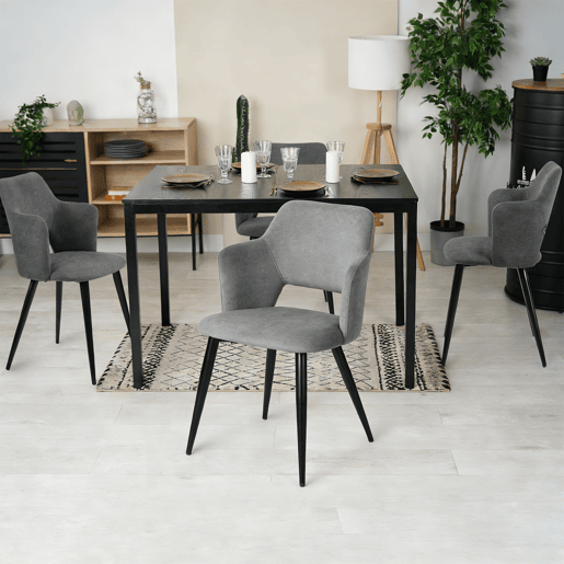 Mesa Jantar Extensível Preta com 4 Cadeiras Cinza Estofadas Estrutura Metálica Conjunto 5 Peças Design Moderno
