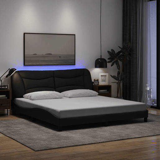 Estrutura de Cama de casal moderno com LED - 180x200 cm tecido preto Estrutura de Cama de casal moderno com LED - 180x200 cm tecido preto