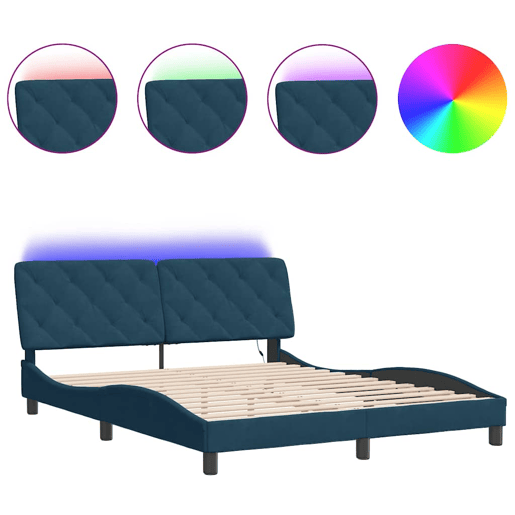 Estrutura de Cama de casal moderno com LED sem colchão 160x200 cm veludo azul