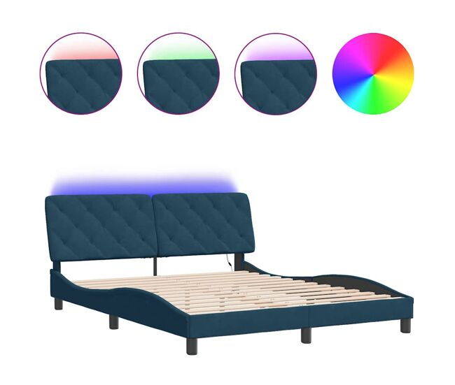 Estructura de cama doble matrimonial con led - terciopelo azul 160x200 cm