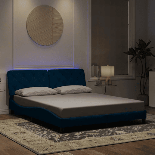 Estrutura de Cama de casal moderno com LED sem colchão 160x200 cm veludo azul
