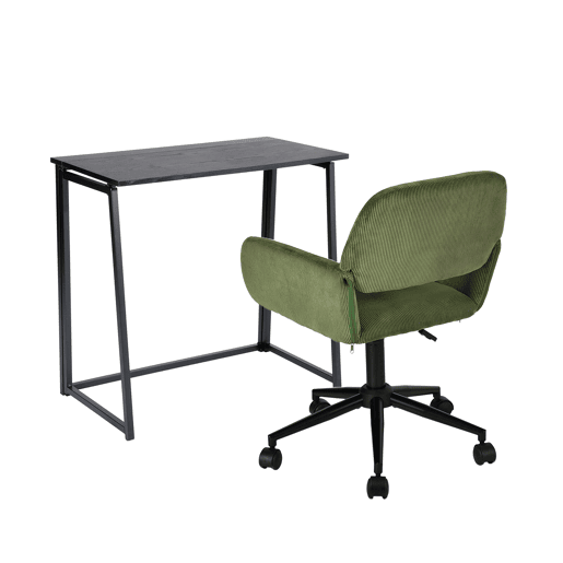 Conjunto De Secretária Dobrável Preta E Cadeira De Escritório Verde Em Veludo Com Altura Ajustável E Rotação 360 Graus, Design Moderno E Compacto Para Teletrabalho Ou Estudo Em Espaços Pequenos