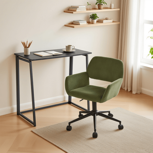 Conjunto De Secretária Dobrável Preta E Cadeira De Escritório Verde Em Veludo Com Altura Ajustável E Rotação 360 Graus, Design Moderno E Compacto Para Teletrabalho Ou Estudo Em Espaços Pequenos
