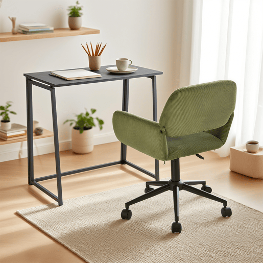 Conjunto De Secretária Dobrável Preta E Cadeira De Escritório Verde Em Veludo Com Altura Ajustável E Rotação 360 Graus, Design Moderno E Compacto Para Teletrabalho Ou Estudo Em Espaços Pequenos